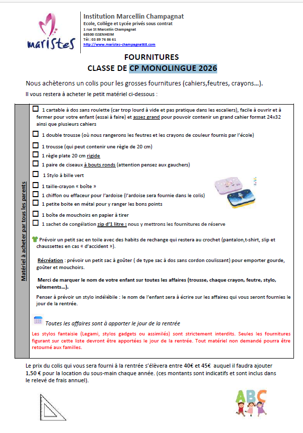 Visuel : Listes de fournitures Primaire rentr�e 2026 